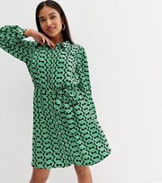 New Look Petite Green Geometric Belted Mini Shirt Dress